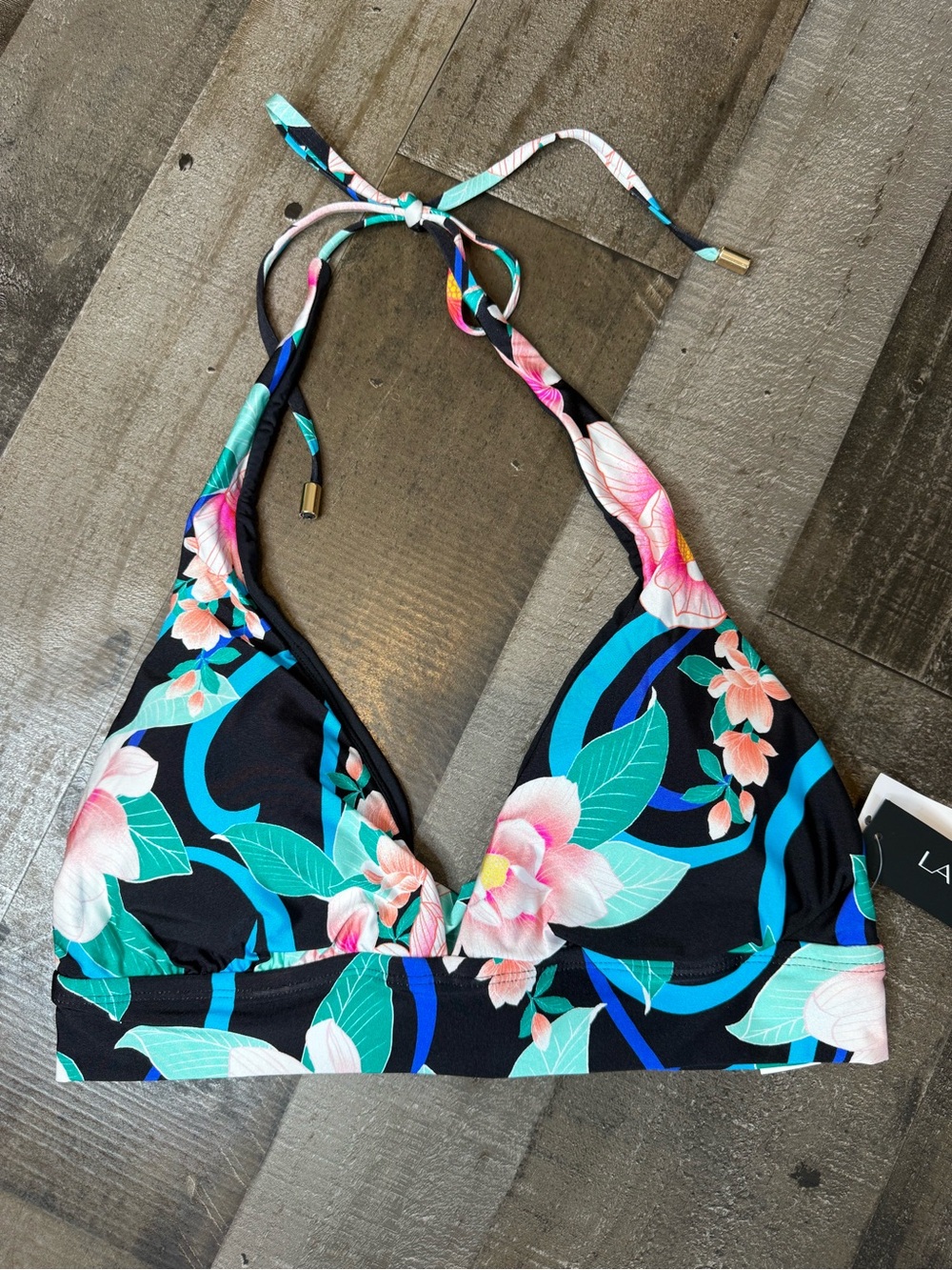 NWT La Blanca Nightfall Blooms Banded  Halter Bikini Top size 8